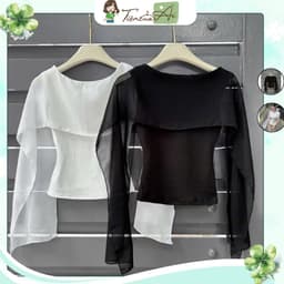 Áo Kiểu Nữ Hở Lưng Phối Voan Che Bắp Tay, Áo 3 Lỗ Nữ Phối Voan 1