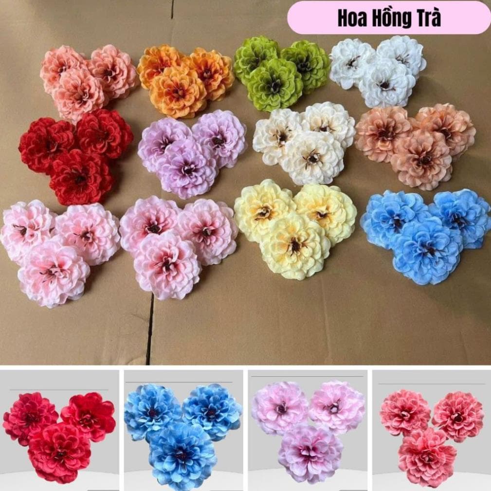 đầu bông hoa hồng trà, hoa lụa hoa giả trang trí oản tài lộc, giỏ hoa quà... - Xinh Decor