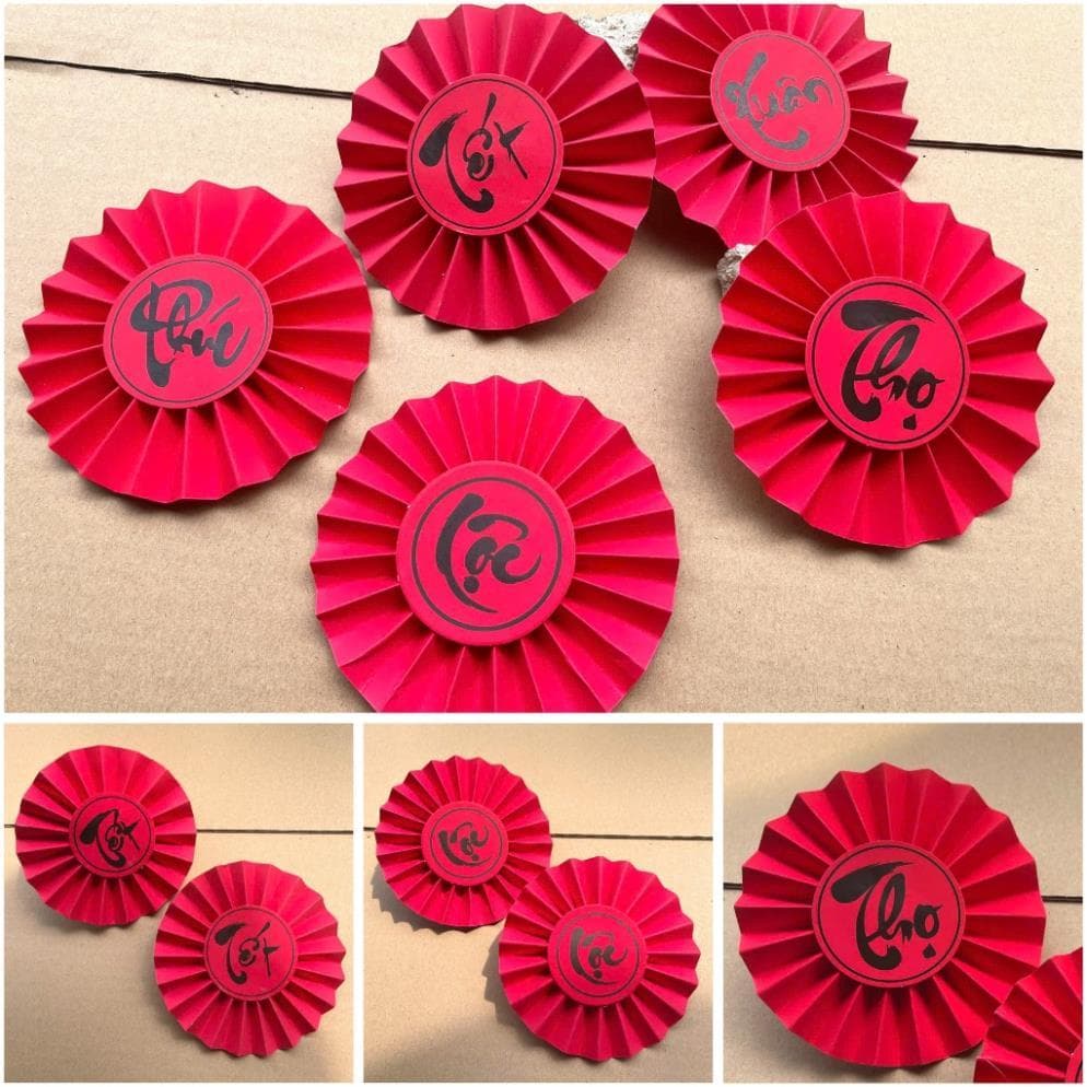 quạt giấy nhung tròn, quạt nhung nửa trang trí oản, giỏ quà Tết, giỏ hoa quả, tháp bánh - Xinh Decor