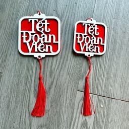 Combo 5 Thẻ Gỗ Liễn Gỗ Treo "Tết Đoàn Viên" Vải Dạ Tua Rua 2 Size 8.5x9.5cm và 6.5x8cm Decor Tết - Xinh Decor 1
