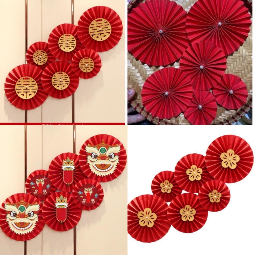 Set 6 Quạt giấy đỏ may mắn trang trí tết đã gấp sẵn, quạt trang trí nhà cửa hút tài lộc - Xinh Decor