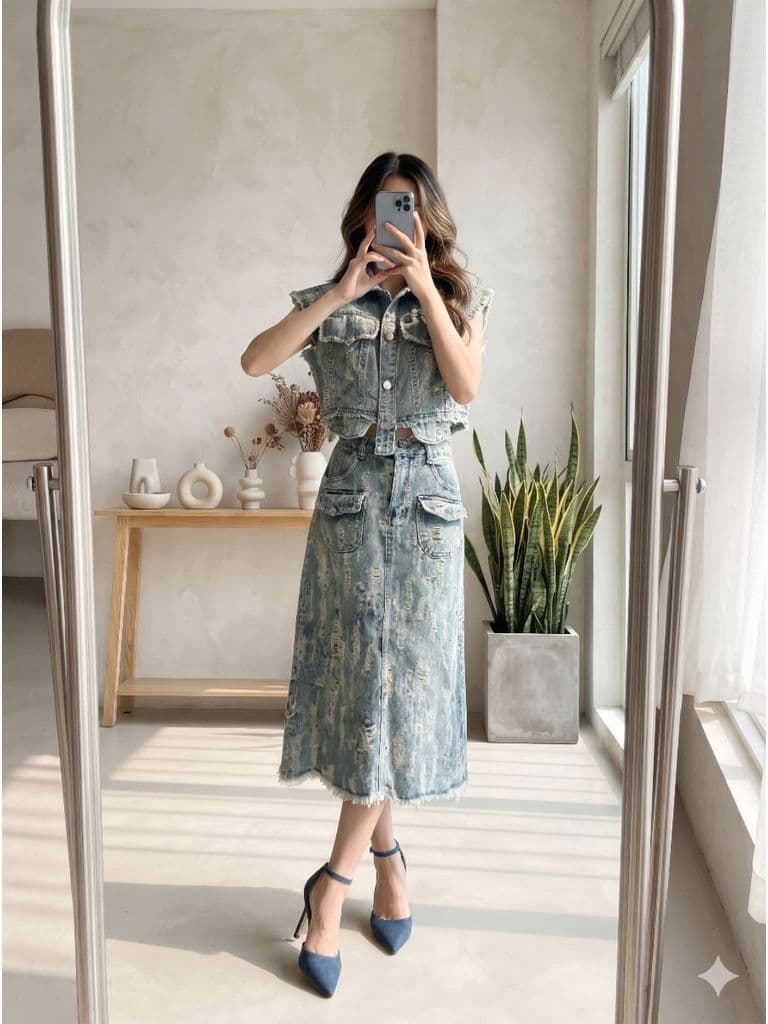 [2hand] Set áo sát nách croptop + chân váy dài jean kiểu mài rách tua rua có đỉa đeo đai chưa cắt thùa khuyết size S