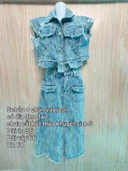 [2hand] Set áo sát nách croptop + chân váy dài jean kiểu mài rách tua rua có đỉa đeo đai chưa cắt thùa khuyết size S 2