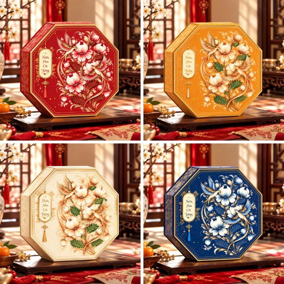 [Combo 2-3-5 Hộp] vỏ hộp bát giác "Xuân Hoa Cát Tường" đựng bánh kẹo, vỏ hộp làm giỏ quà tết mẫu mới 2027 - Xinh Decor