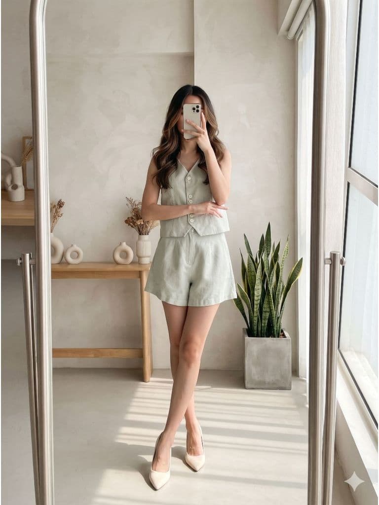 [2hand] Set bộ đũi áo sát nách cài cúc dây thắt eo sau + quần soóc cạp chun sau size S M