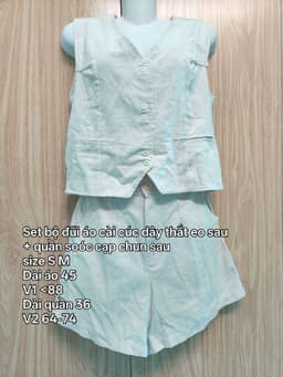 [2hand] Set bộ đũi áo sát nách cài cúc dây thắt eo sau + quần soóc cạp chun sau size S M 2