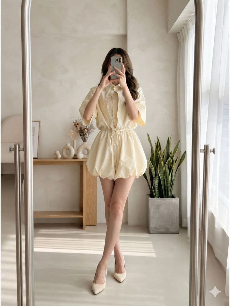 [2hand] Jumsuits dáng ngắn playsuits sơ mi cánh dơi  vàng kem 2 lớp cài cúc ống quần bí eo chun buộc nơ freesize đến L