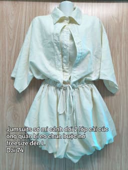 [2hand] Jumsuits dáng ngắn playsuits sơ mi cánh dơi  vàng kem 2 lớp cài cúc ống quần bí eo chun buộc nơ freesize đến L 2