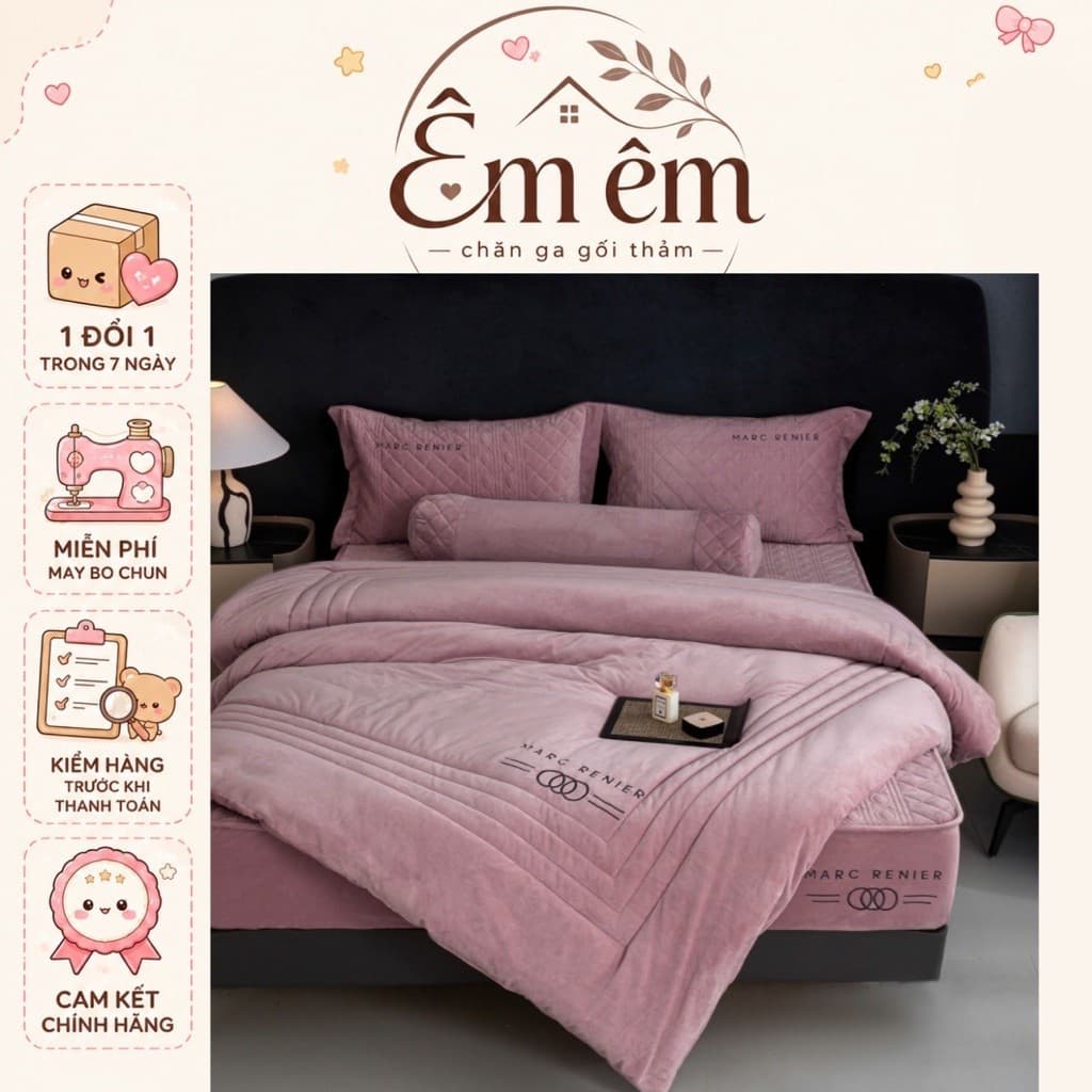 Bộ chăn ga ga gối nỉ nhung Marc Renier kết hợp chăn lông thỏ siêu ấm,thiết kế sang trọng chất lượng cao