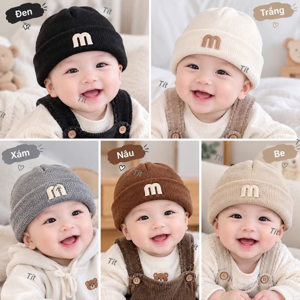 Mũ len thêu chữ M phong cách hàn quốc cho bé từ 0-2 tuổi
