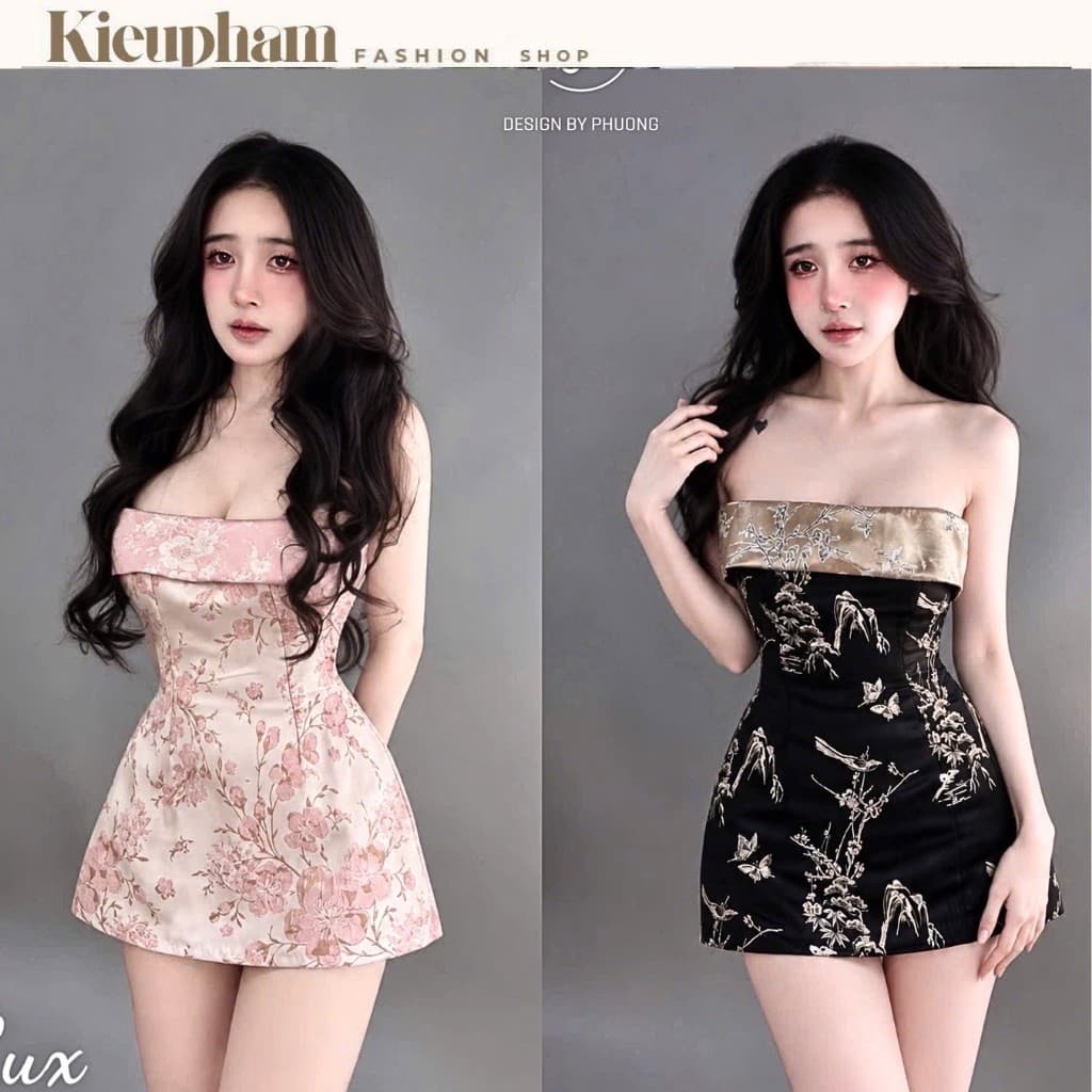 Váy Gấm Hoa Nổi Lật Vạt Phối Màu Dáng A Ngắn Kieupham.shop