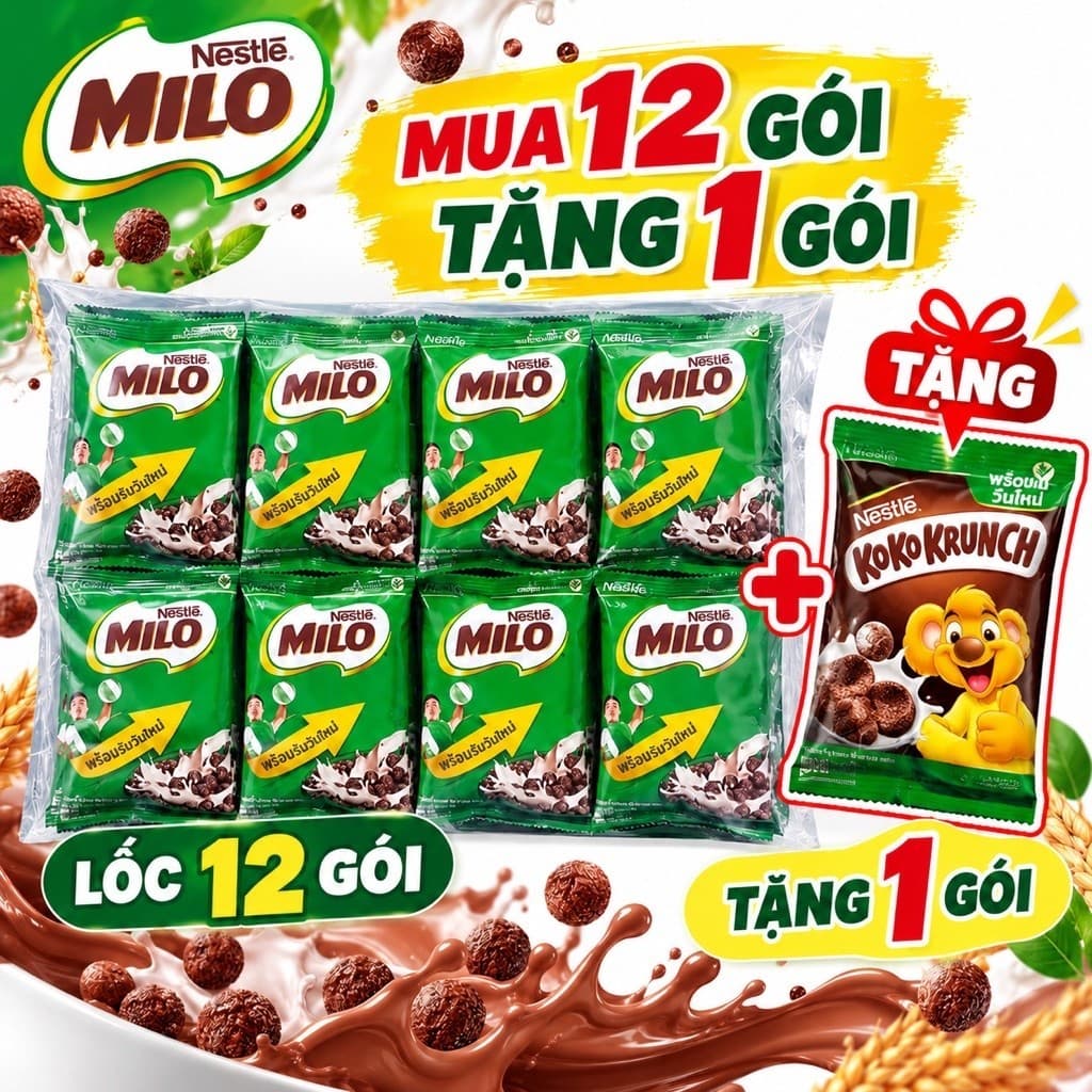[date 24/7/2027] LỐC 12(tặng 1) BÁNH ĂN SÁNG/ NGŨ CỐC DINH DƯỠNG MILO 12gói/túi (15g/gói). snack milo