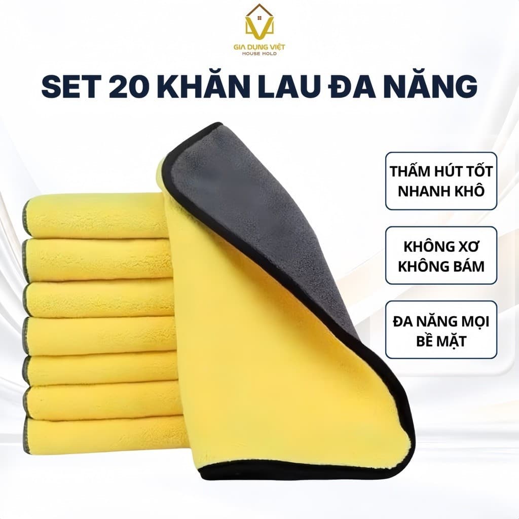 Combo 20 Khăn Lau Đa Năng Microfiber 30x30cm Thấm Hút Nhanh Không Xơ Lau Bếp Kính Ô Tô Nhà Cửa Đa Năng