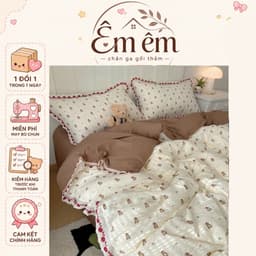 Bộ Vỏ Chăn Ga Gối 4 món Cotton Đũi Sợi Tre Mềm Mịn, Họa Tiết 3D Dễ Thương (Không Kèm Ruột) 1