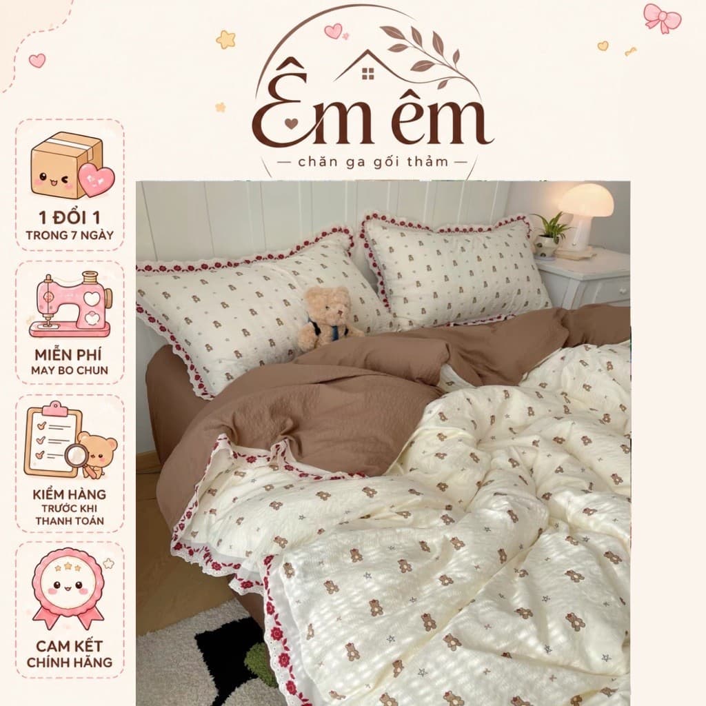 Bộ Vỏ Chăn Ga Gối 4 món Cotton Đũi Sợi Tre Mềm Mịn, Họa Tiết 3D Dễ Thương (Không Kèm Ruột)