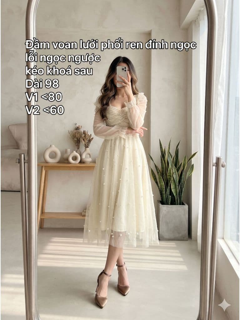 [2hand] Đầm voan lưới phối ren đính ngọc lỗi ngọc ngược kéo khoá sau size XS