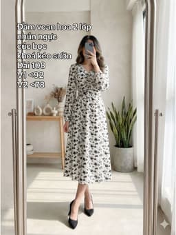 [2hand] Đầm voan hoa 2 lớp nhún ngực cúc bọc khoá kéo sườn size M L 1