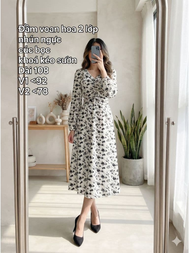 [2hand] Đầm voan hoa 2 lớp nhún ngực cúc bọc khoá kéo sườn size M L