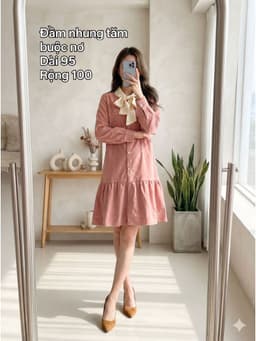 [2hand] Đầm nhung tăm hồng buộc nơ be dáng babydoll freesize đến XL 1