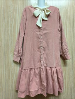 [2hand] Đầm nhung tăm hồng buộc nơ be dáng babydoll freesize đến XL 2