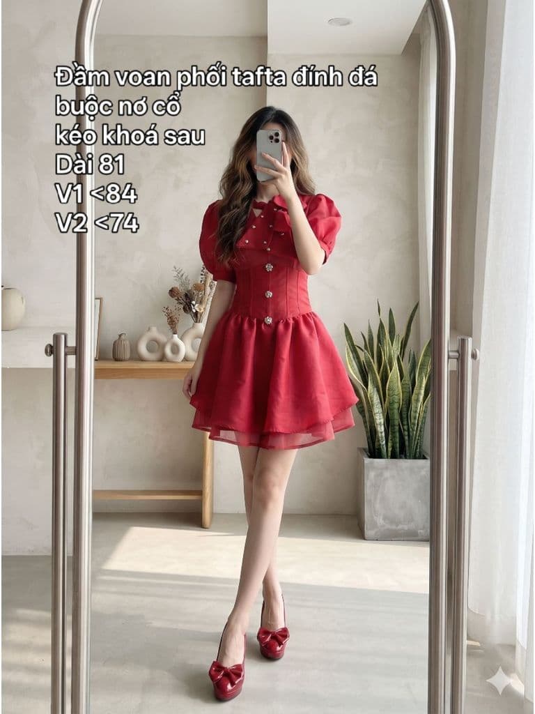 [2hand] Đầm voan phối tafta đỏ đô đính đá buộc nơ cổ kéo khoá sau size S M nhỏ