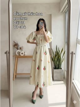 [2hand] Đầm xô thêu hoa cổ vuông tay bồng eo chun size S M 1