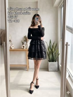 [2hand] Đầm thun đen dài tay phối voan tầng 2 lớp bệt vai kéo khoá sườn size S 1