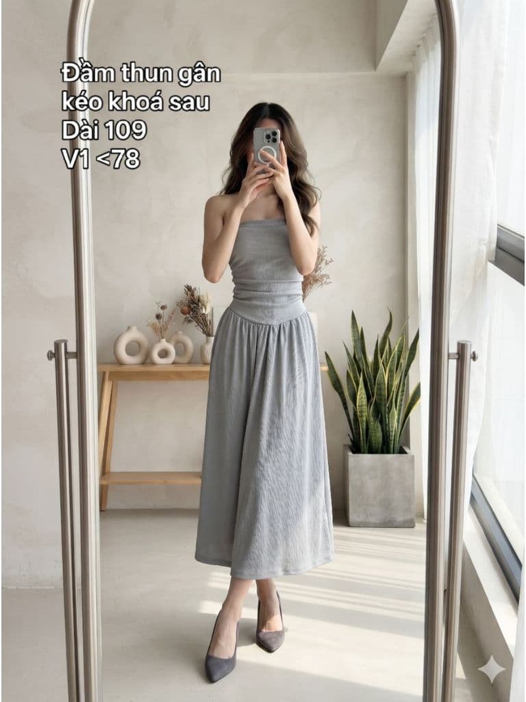 [2hand] Đầm cúp ngực thun gân xám kéo khoá sau size XS S