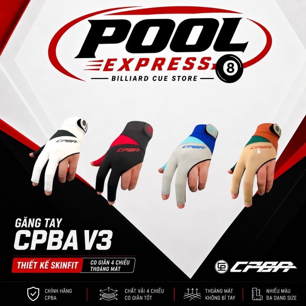 Găng Tay Bida CPBA V3 Tri-Core Series (Chính hãng) 3 Ngón Hở Ngón, Găng Bi A Chuyên Nghiệp Co Giãn Thoáng Khí