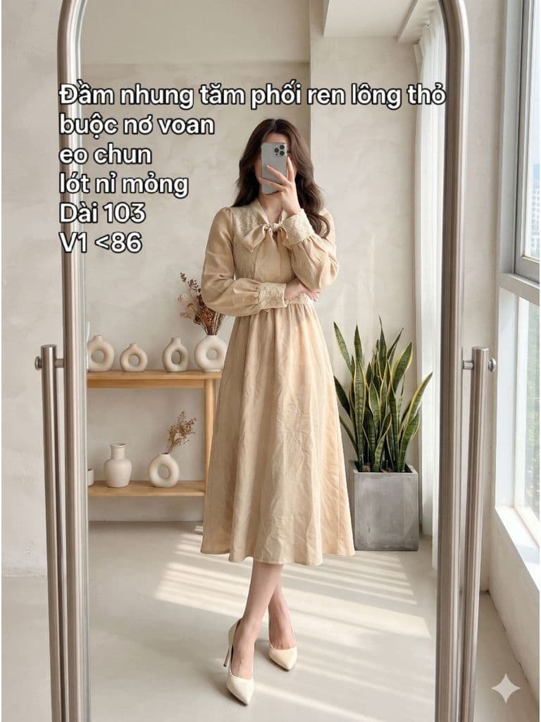 [2hand] Đầm nhung tăm phối ren lông thỏ buộc nơ voan eo chun lót nỉ mỏng size S M nhỏ