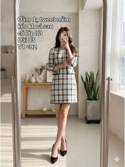 [2hand] Đầm dạ tweet mềm tay lỡ dáng suông ngắn kẻ sọc caro kéo khoá sau có lớp lót size S M 1