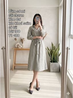 [2hand] Đầm sơ mi xám cài charm kèm đai kéo khoá sườn có túi size S M 1