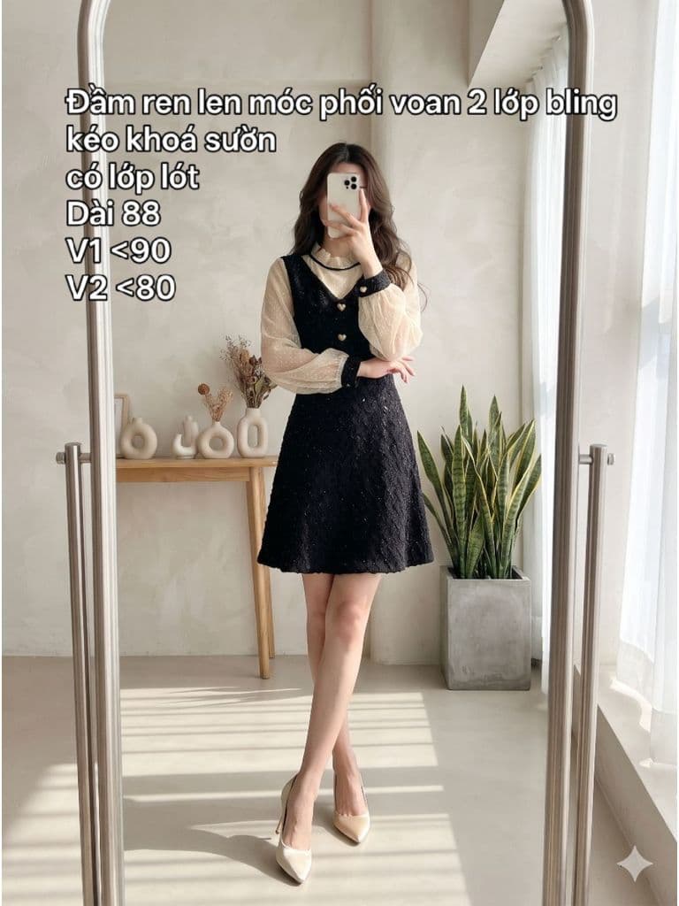 [2hand] Đầm ren len móc phối voan vàng nâu 2 lớp bling cúc tim đính đá kéo khoá sườn có lớp lót freesize đến L