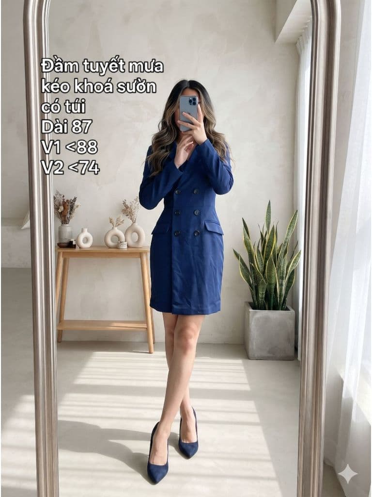 [2hand] Đầm tuyết mưa dáng vest xanh coban kéo khoá sườn có túi size M