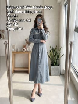 [2hand] Đầm sơ mi kiểu khoác được xanh xám chất đanh đứng form cúc ẩn có dây đeo đai freesize đến L 1