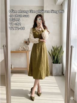 [2hand] Đầm nhung tăm rêu phối ren lông thỏ trắng buộc nơ cúc bọc eo chun sau size M L 1