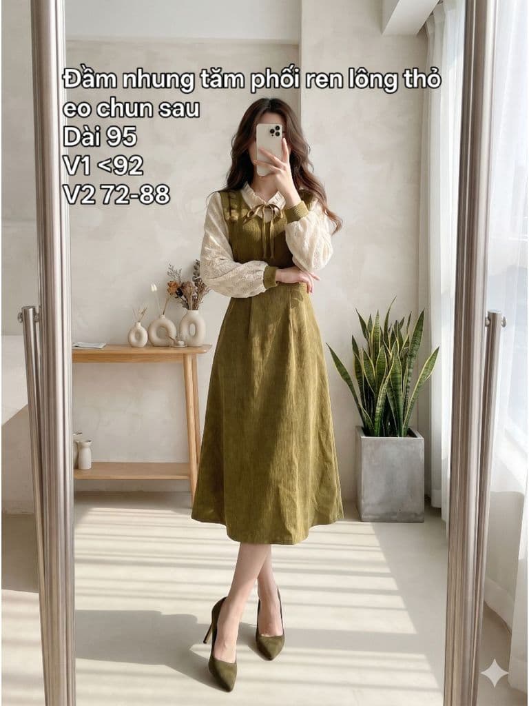 [2hand] Đầm nhung tăm rêu phối ren lông thỏ trắng buộc nơ cúc bọc eo chun sau size M L