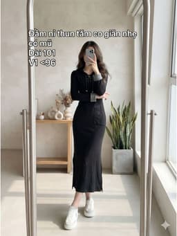 [2hand] Đầm nỉ thun tăm đen co giãn nhẹ có mũ đan dây size S M 1