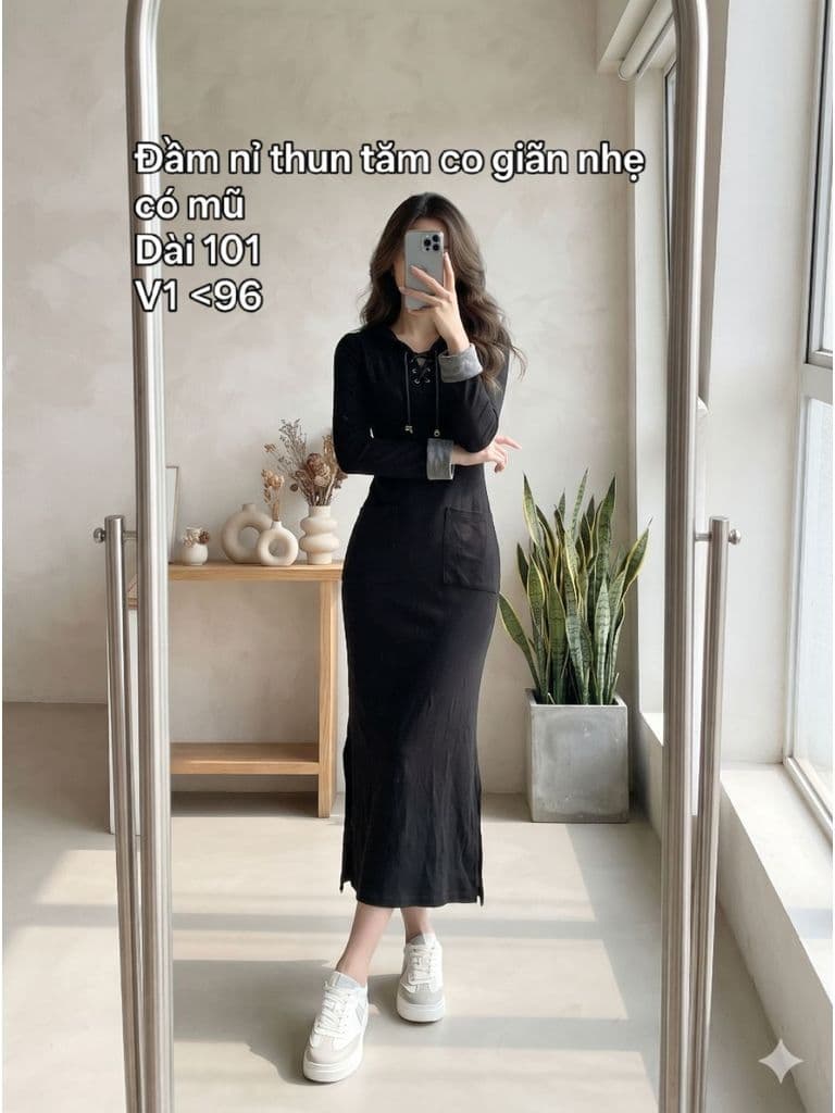 [2hand] Đầm nỉ thun tăm đen co giãn nhẹ có mũ đan dây size S M