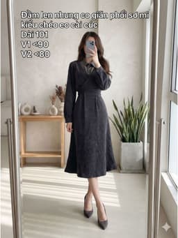 [2hand] Đầm len nhung co giãn đen phối sơ mi xám kiểu chéo eo cài cúc lưng freesize đến L 1
