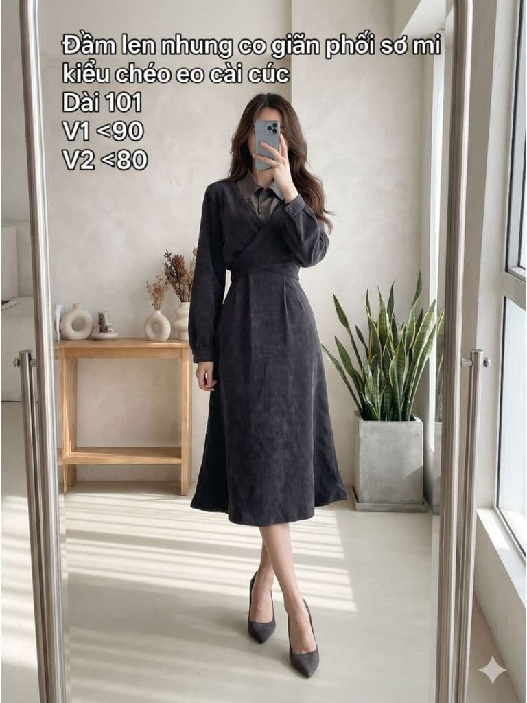 [2hand] Đầm len nhung co giãn đen phối sơ mi xám kiểu chéo eo cài cúc lưng freesize đến L