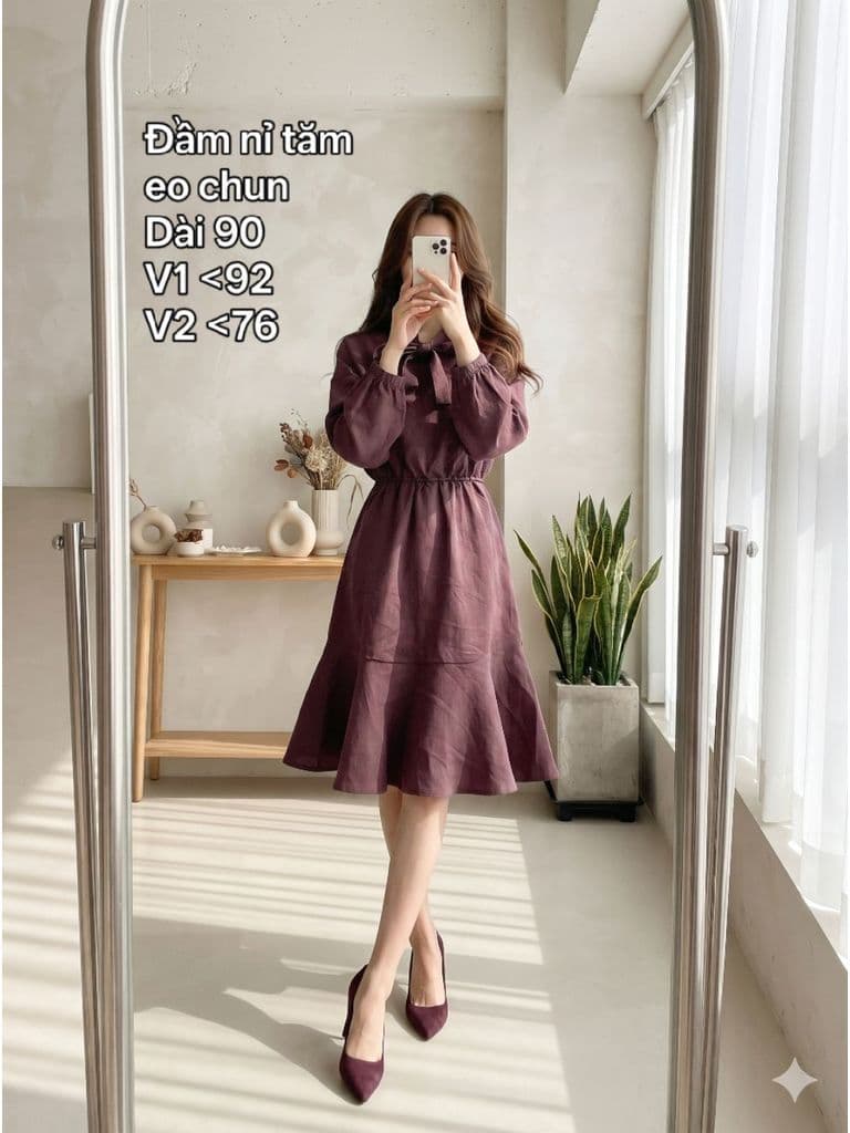 [2hand] Đầm nỉ tăm nâu đỏ eo chun buộc nơ đuôi cá size S M