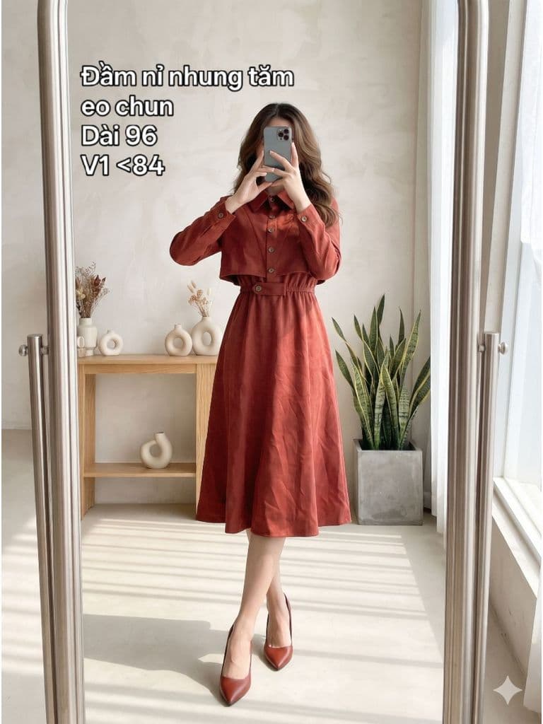 [2hand] Đầm nỉ nhung tăm đỏ rượu eo chun size S
