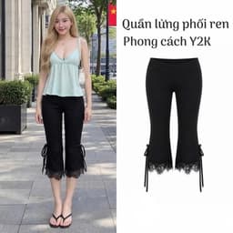 Quần Lửng Ống Loe Phối Ren Đính Nơ Cột, Quần Ngố Nữ Chất Thun Rip Lụa 7