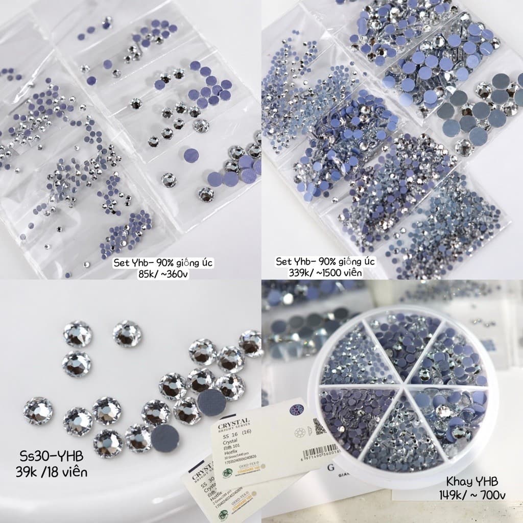 Set đá nail YHB trắng trong lấp lánh nhiều kích thước, túi 360 viên, 1500 viên hoặc khay 700 viên