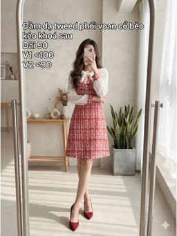 [2hand] Đầm dạ tweed đỏ phối voan cổ bèo kéo khoá sau freesize đến XL 1