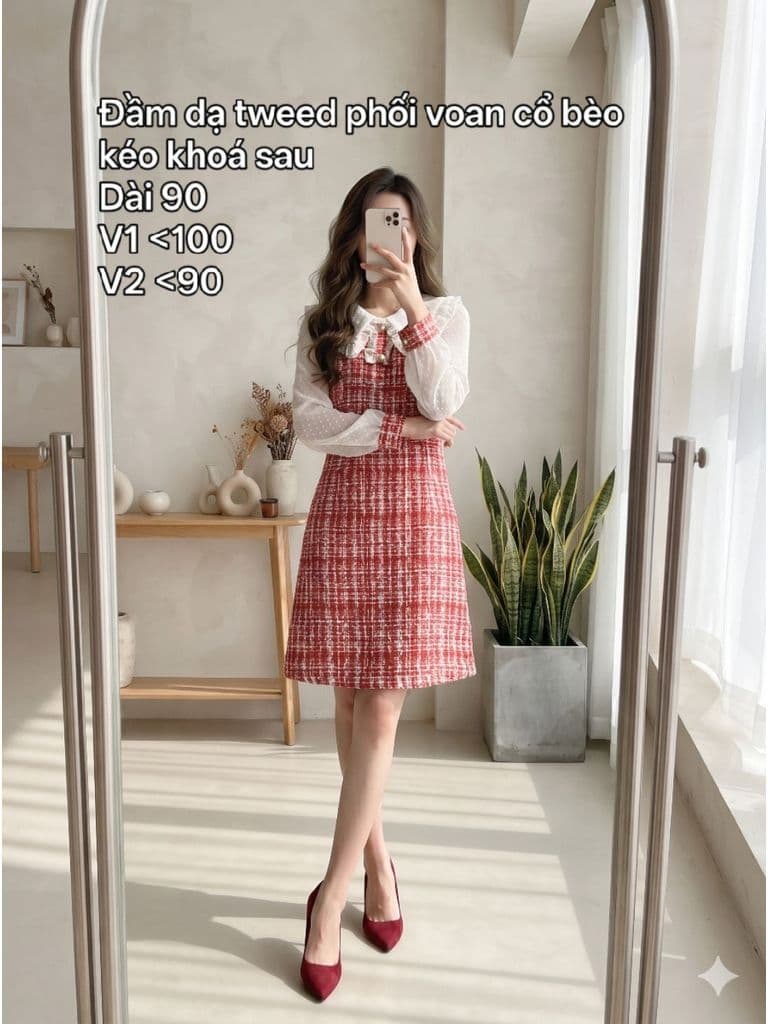 [2hand] Đầm dạ tweed đỏ phối voan cổ bèo kéo khoá sau freesize đến XL