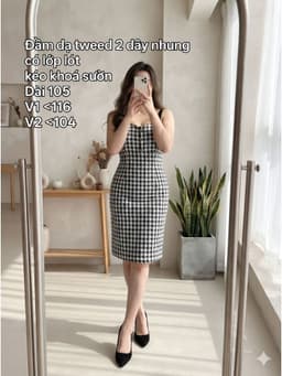 [2hand] Đầm dạ tweed 2 dây nhung kẻ đen trắng có lớp lót kéo khoá sườn bigsize XL 2XL 1