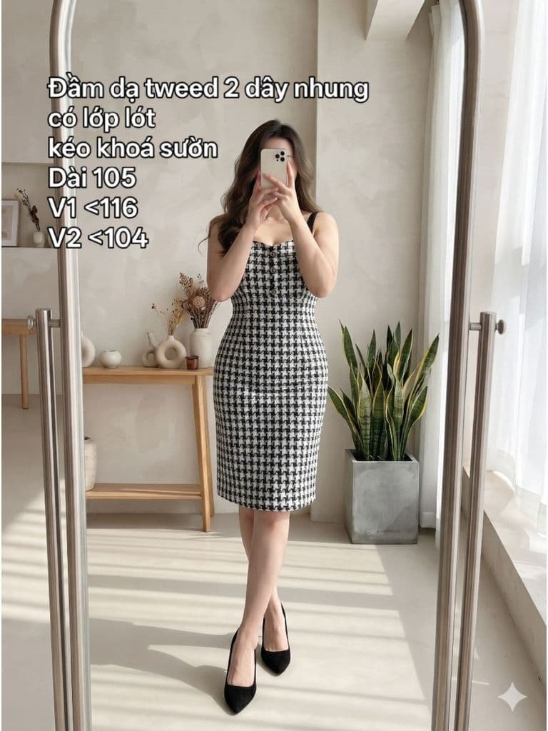 [2hand] Đầm dạ tweed 2 dây nhung kẻ đen trắng có lớp lót kéo khoá sườn bigsize XL 2XL