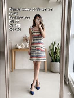 [2hand] Đầm dạ tweed 2 dây tua rua kẻ mix màu có túi kéo khoá sau size S 1